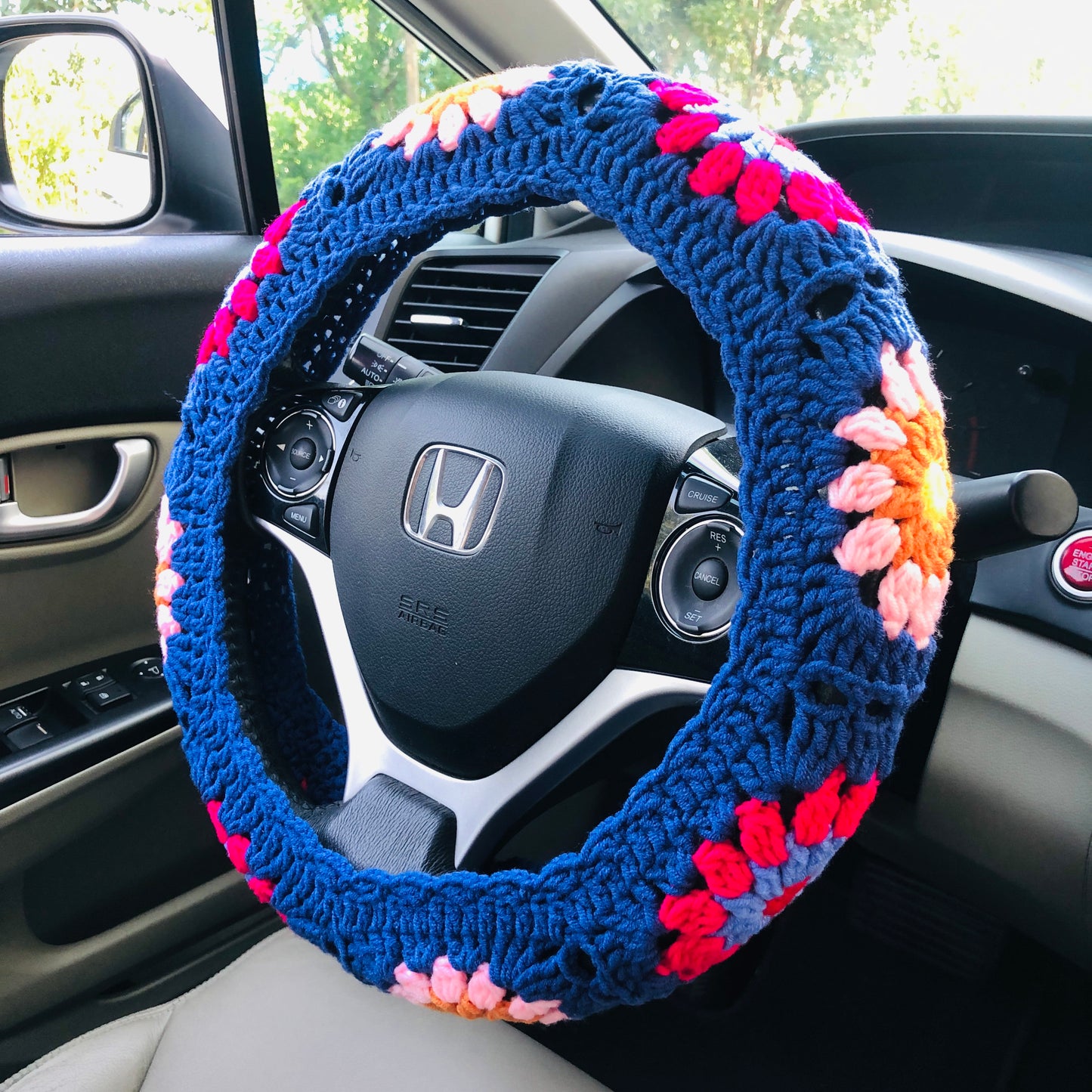 Steering Wheel Cover for women, Crochet Blue flower seat belt Cover, Car Accessories decorations