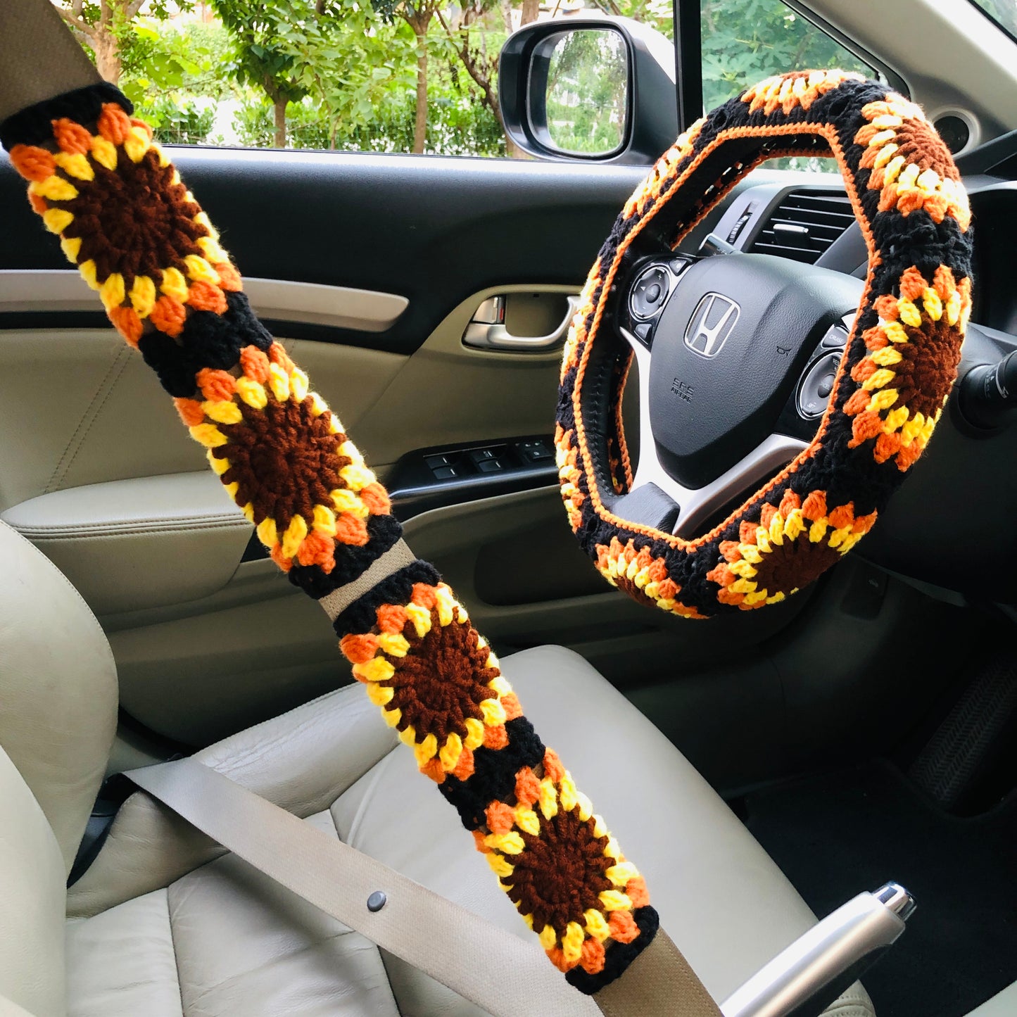 Steering Wheel Cover for women, Crochet Black flower seat belt Cover, Car Accessories decorations