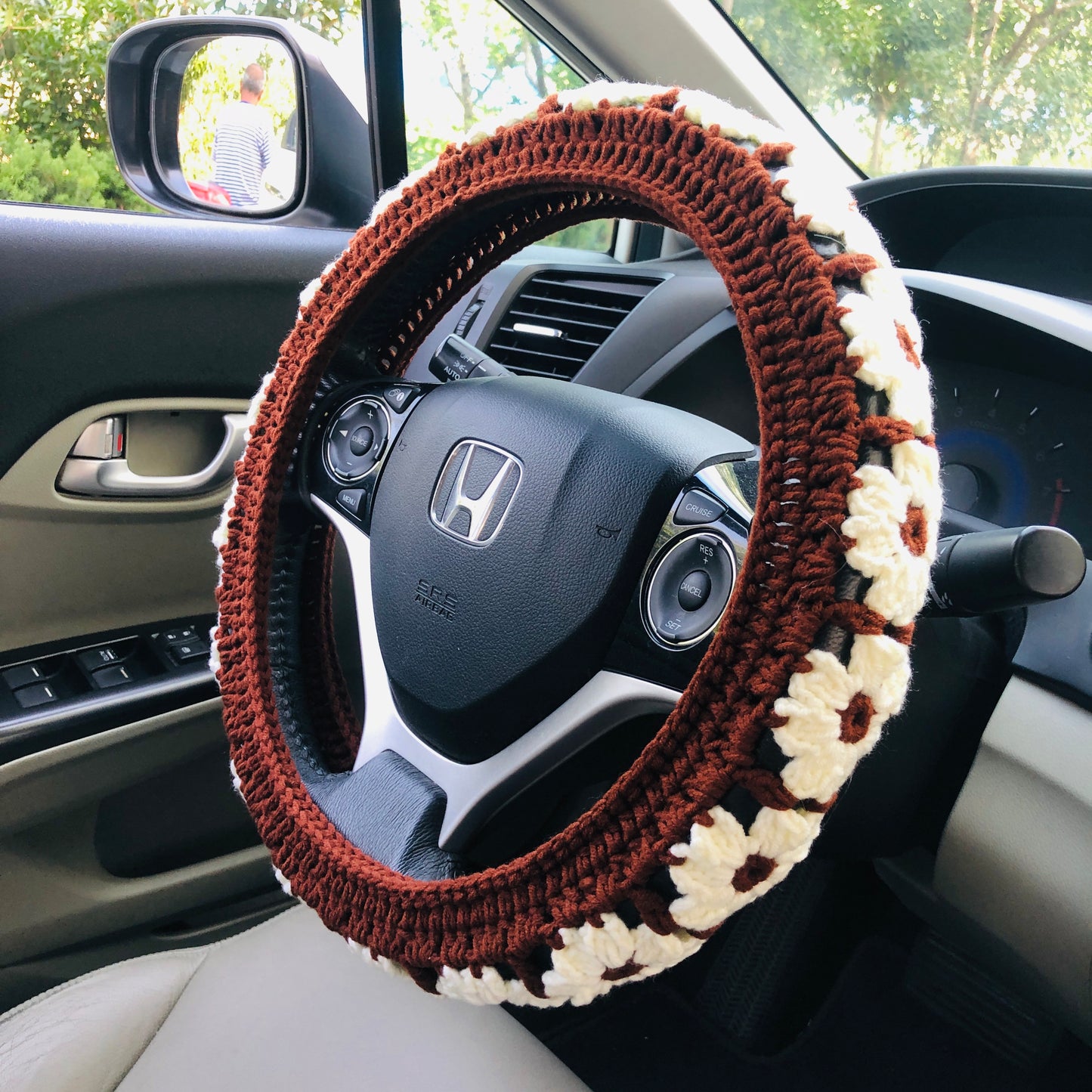 Steering Wheel Cover for women, Crochet Chocolate daisy flower seat belt Cover, Car Accessories decorations