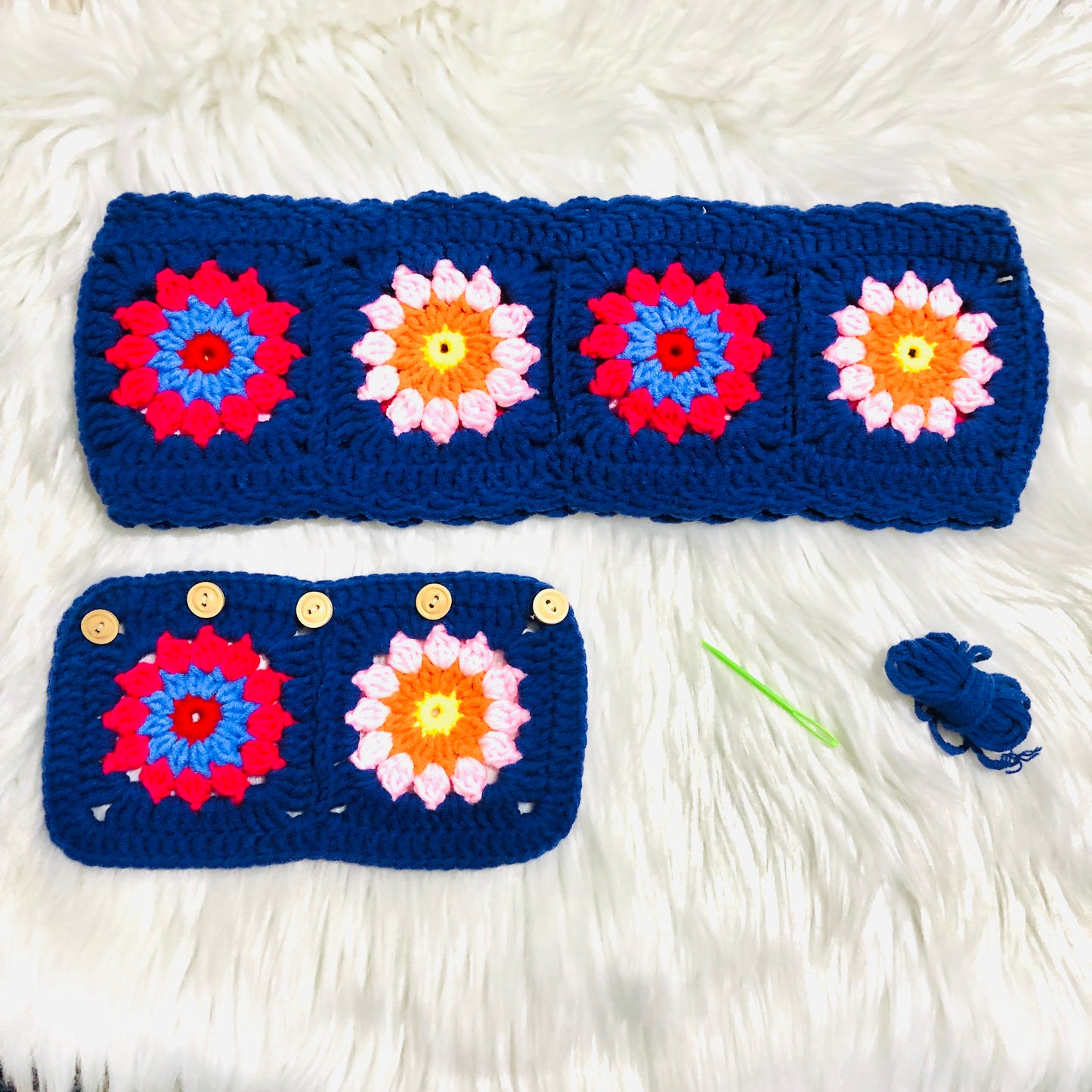 Steering Wheel Cover for women, Crochet Blue flower seat belt Cover, Car Accessories decorations