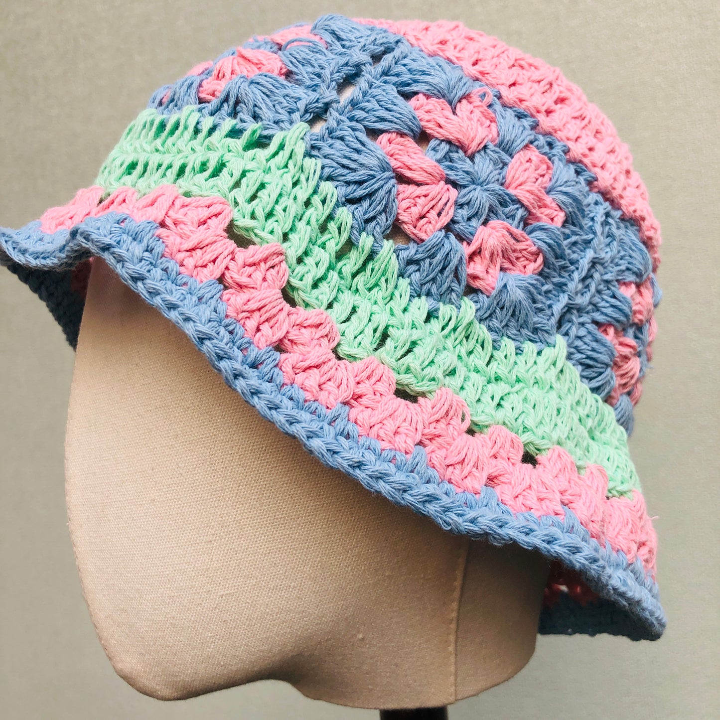 Crochet Hat, Granny Square Bucket Hat, Cute pink Handmade Knitted Hat