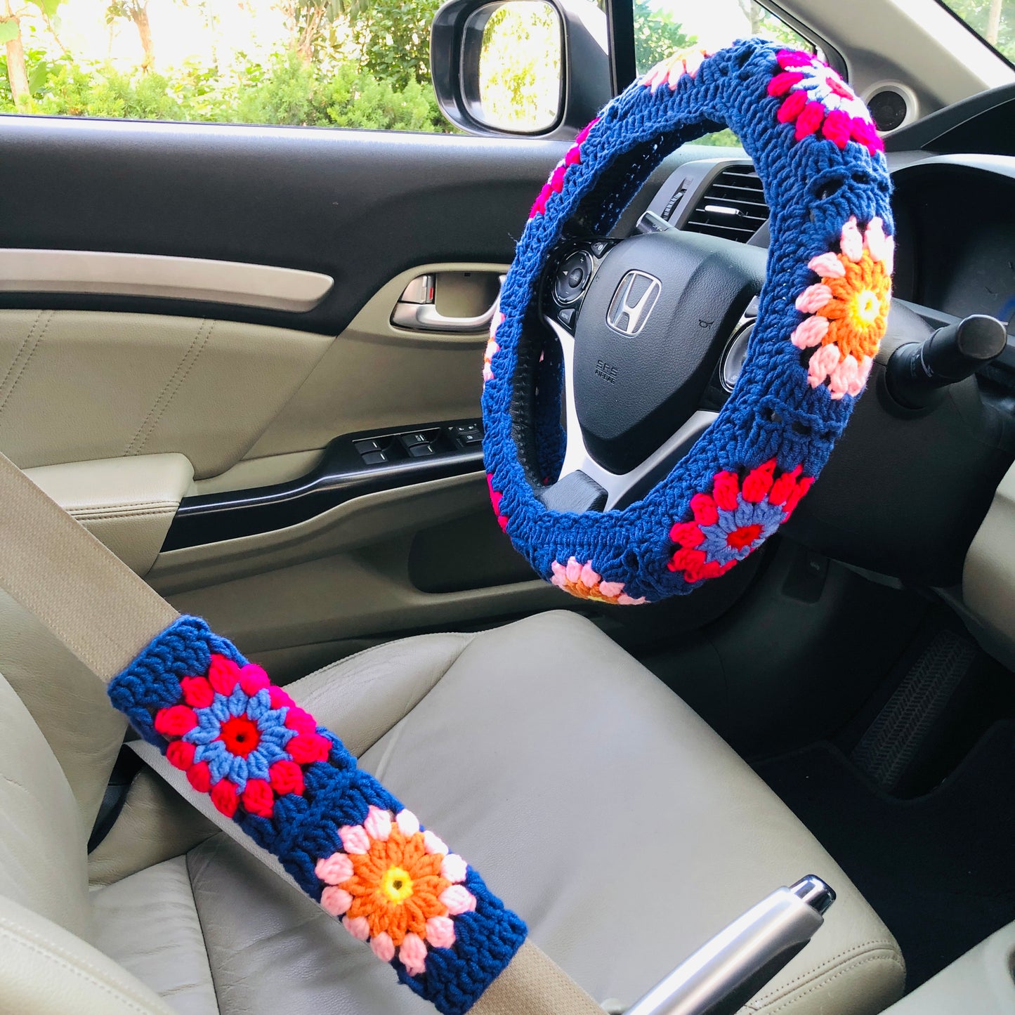 Steering Wheel Cover for women, Crochet Blue flower seat belt Cover, Car Accessories decorations