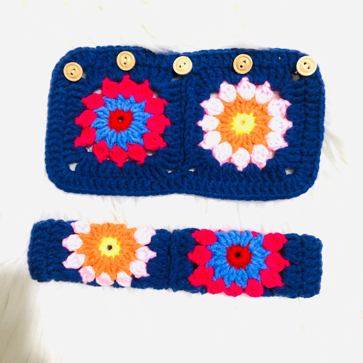 Steering Wheel Cover for women, Crochet Blue flower seat belt Cover, Car Accessories decorations