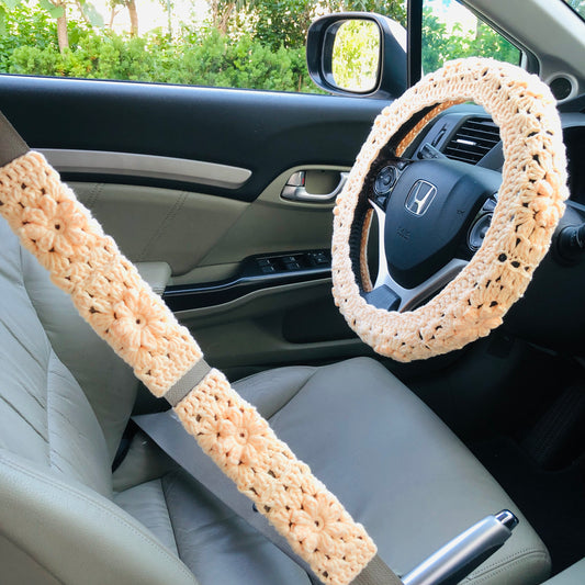 Steering Wheel Cover for women, Crochet yellow puff seat belt Cover, Car Accessories decorations