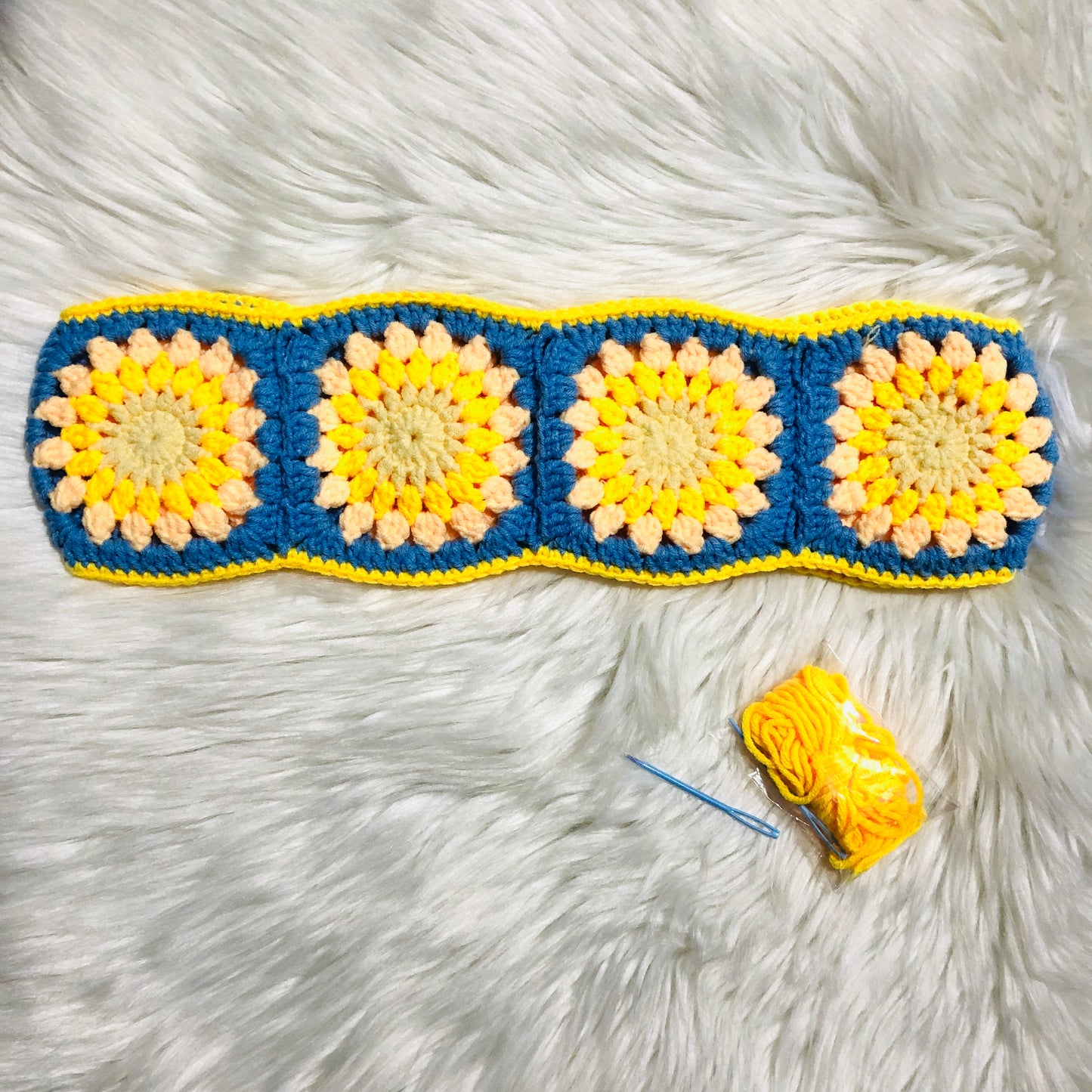 Steering Wheel Cover for women, Crochet cute yellow blue flower seat belt Cover, Car Accessories decorations