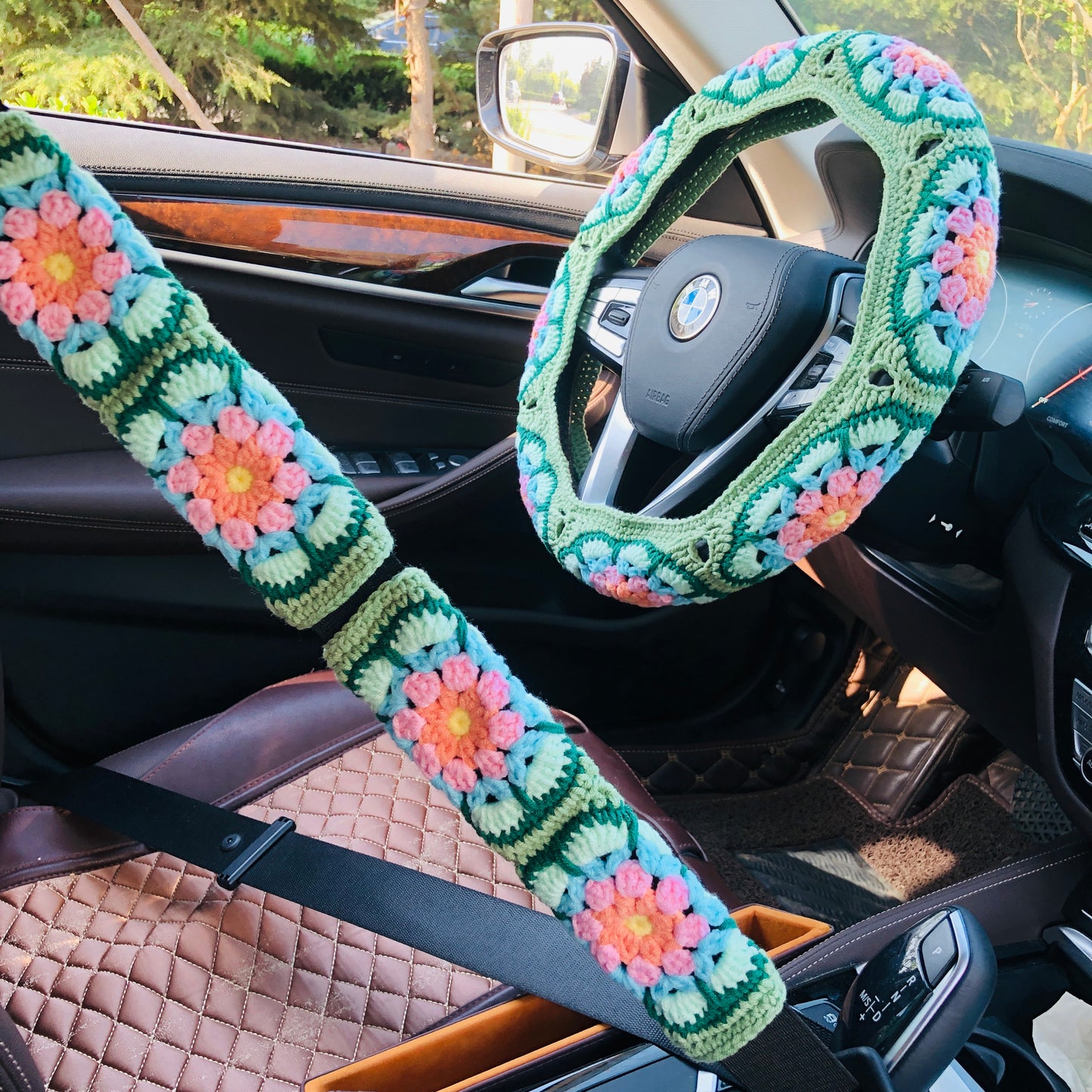 Steering Wheel Cover for women, Crochet Galsang Green flower seat belt Cover, Car Accessories decorations