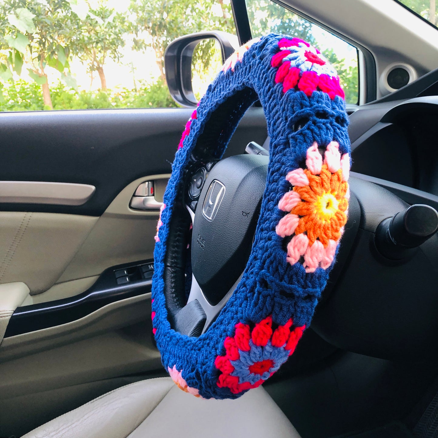 Steering Wheel Cover for women, Crochet Blue flower seat belt Cover, Car Accessories decorations