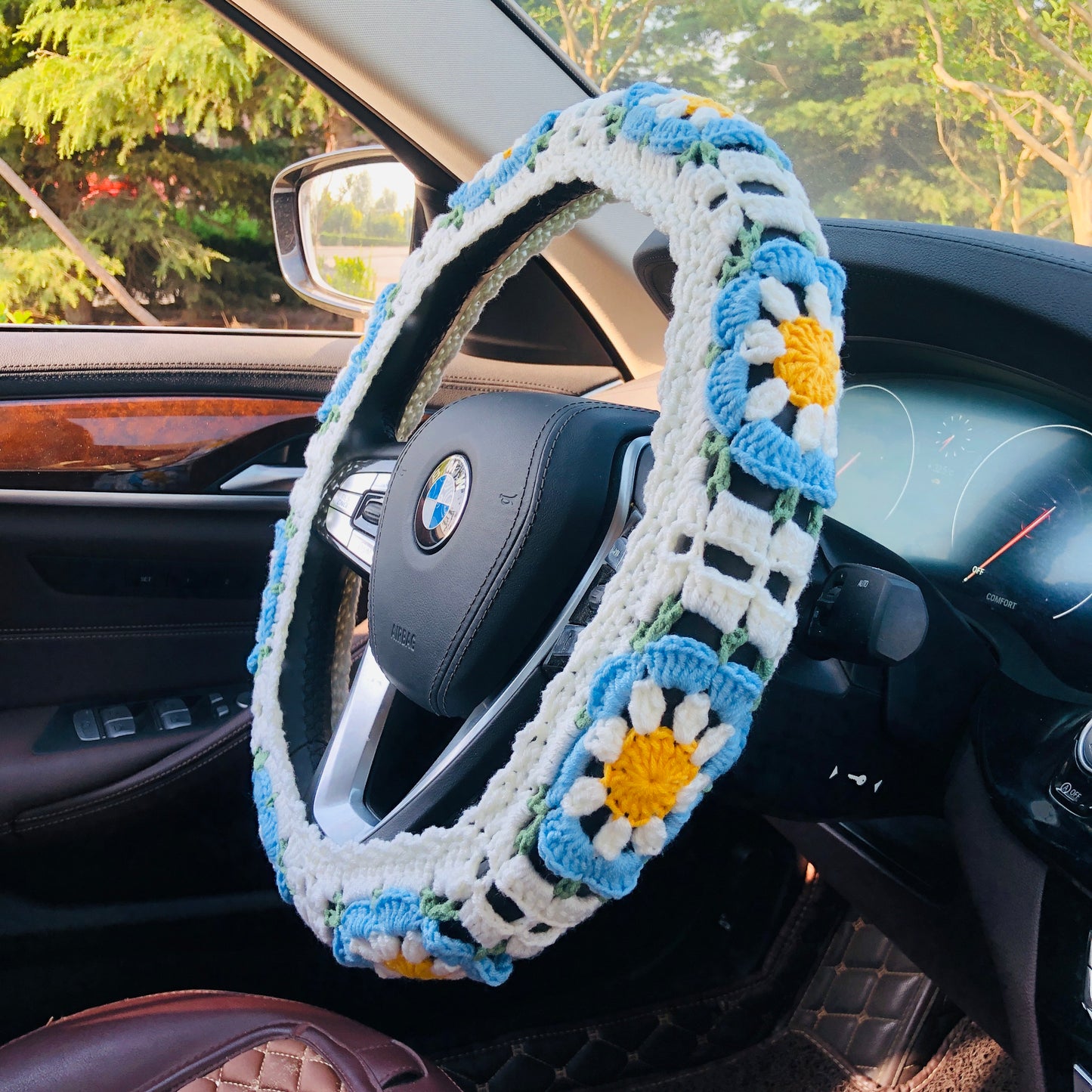 Steering Wheel Cover for women, Crochet cute flower seat belt Cover, Car Accessories decorations