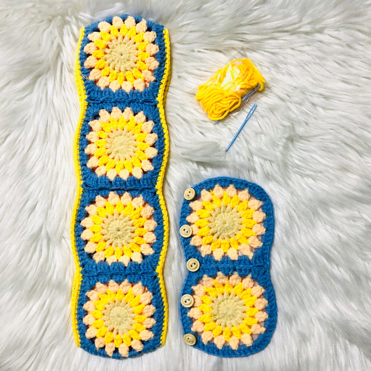 Steering Wheel Cover for women, Crochet cute yellow blue flower seat belt Cover, Car Accessories decorations