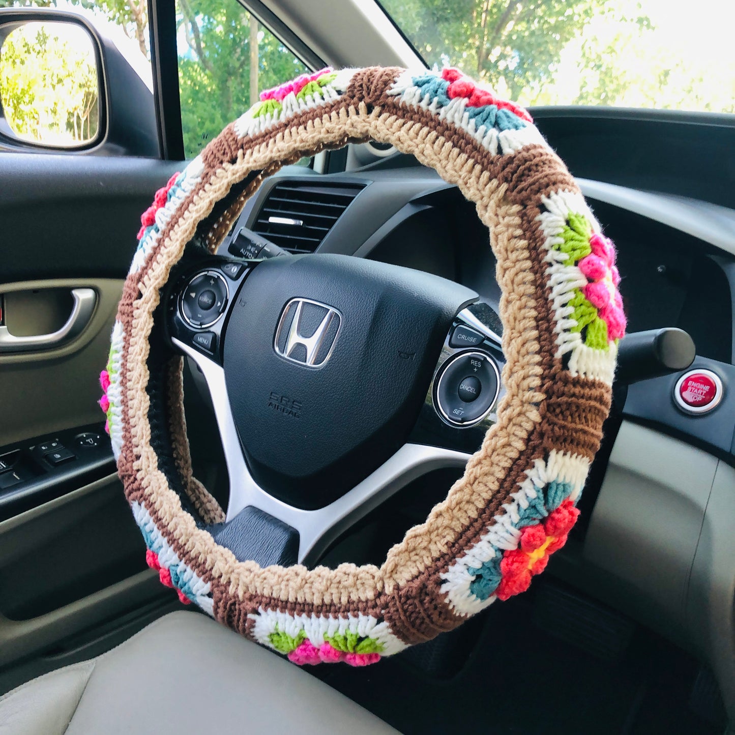 Steering Wheel Cover for women, Crochet Brown buff flower seat belt Cover, Car Accessories decorations