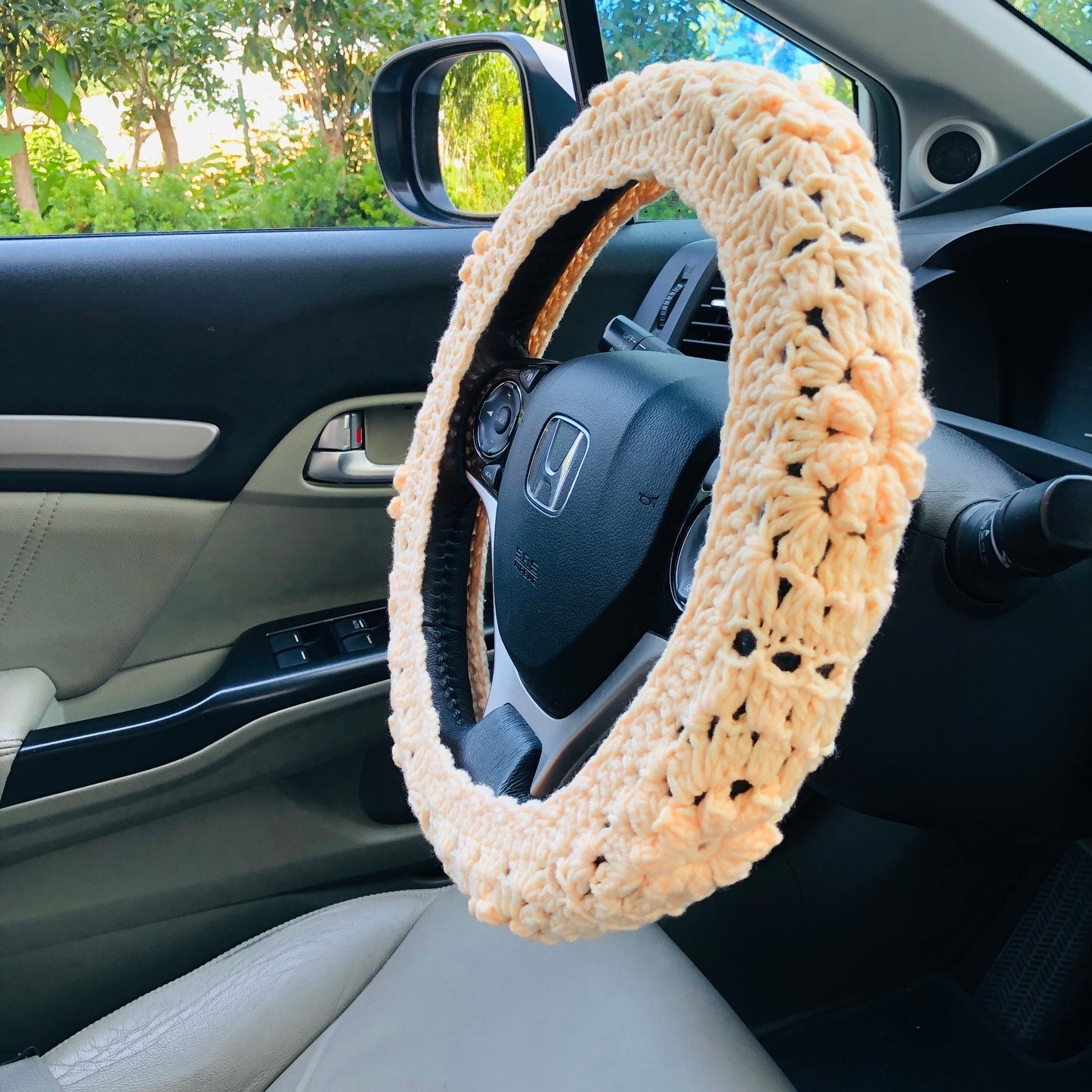 Steering Wheel Cover for women, Crochet yellow puff seat belt Cover, Car Accessories decorations