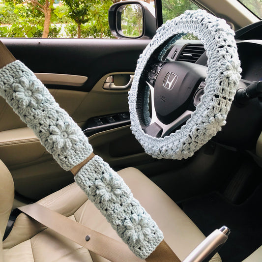 Steering Wheel Cover for women, Crochet Blue puff flower seat belt Cover, Car Accessories decorations