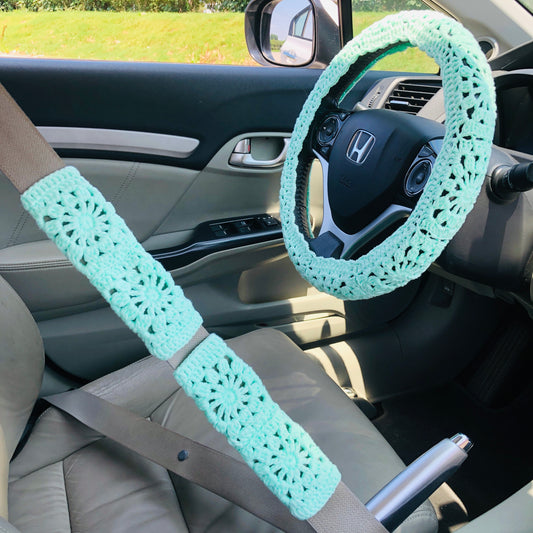 Steering Wheel Cover for women, Crochet Light green flower seat belt Cover, Car Accessories decorations