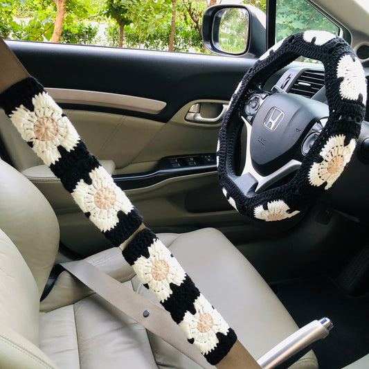 Steering Wheel Cover for women, Crochet  black flower seat belt Cover, Car Accessories decorations