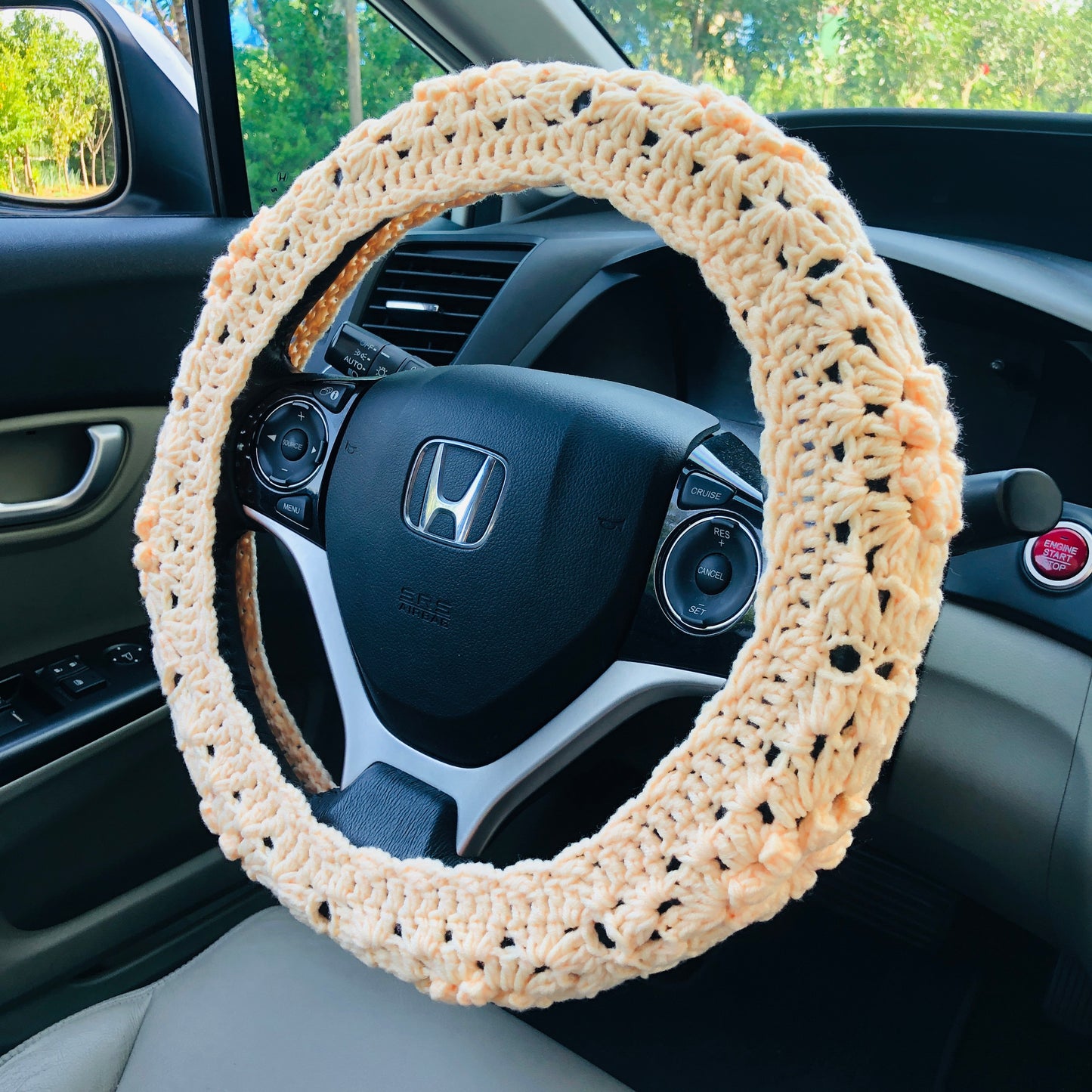 Steering Wheel Cover for women, Crochet yellow puff seat belt Cover, Car Accessories decorations