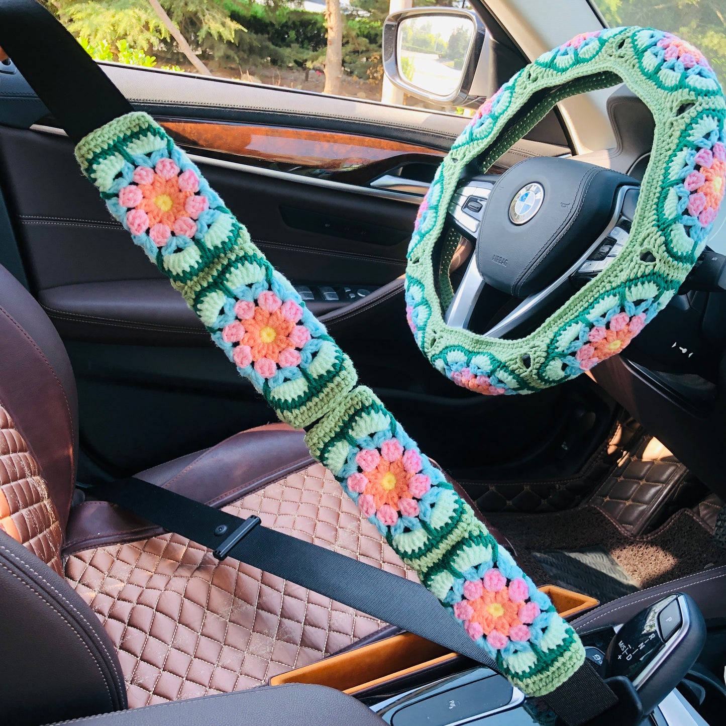 Steering Wheel Cover for women, Crochet Galsang Green flower seat belt Cover, Car Accessories decorations