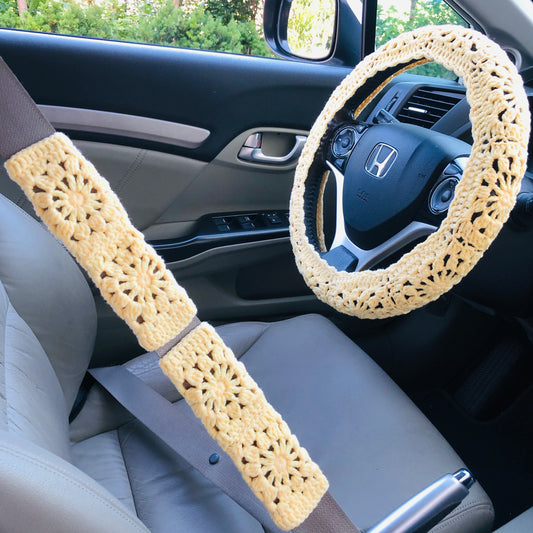 Steering Wheel Cover for women, Crochet yellow flower seat belt Cover, Car Accessories decorations