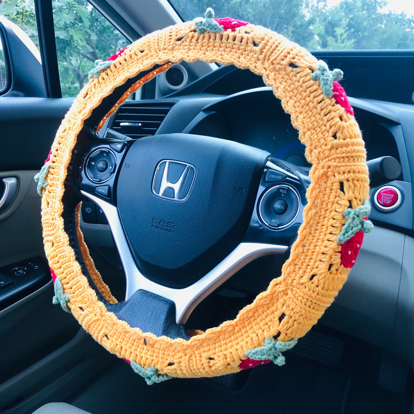 Steering Wheel Cover for women, Crochet yellow Strawberry flower seat belt Cover, Car Accessories decorations