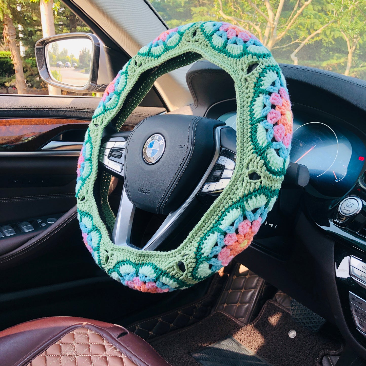 Steering Wheel Cover for women, Crochet Galsang Green flower seat belt Cover, Car Accessories decorations