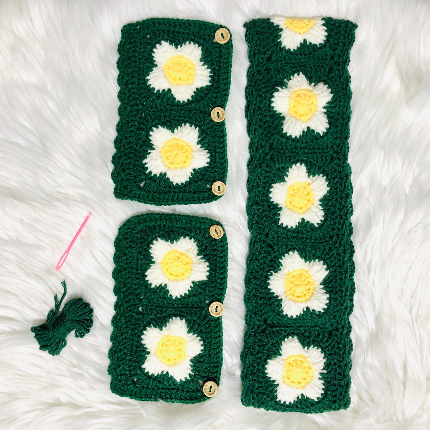 Steering Wheel Cover for women, Crochet Green flower seat belt Cover, Car Accessories decorations