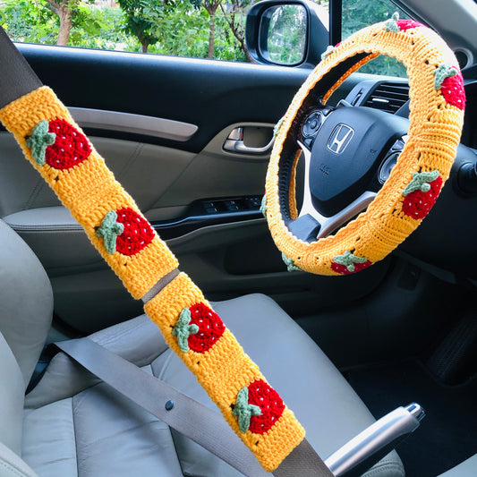 Steering Wheel Cover for women, Crochet yellow Strawberry flower seat belt Cover, Car Accessories decorations