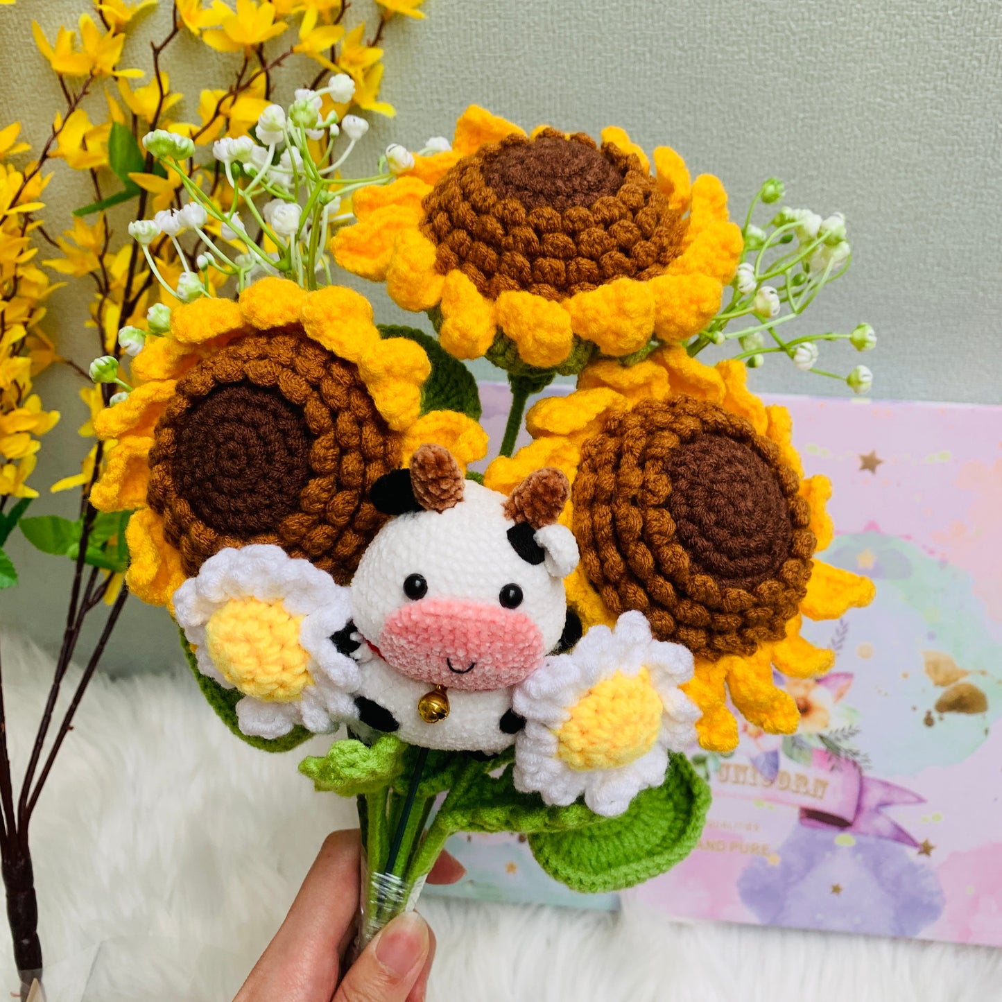 Crochet flowers, sunflower cow ornaments, cute A bunch of flower Anniversary bouquet Gift for her flower ornaments