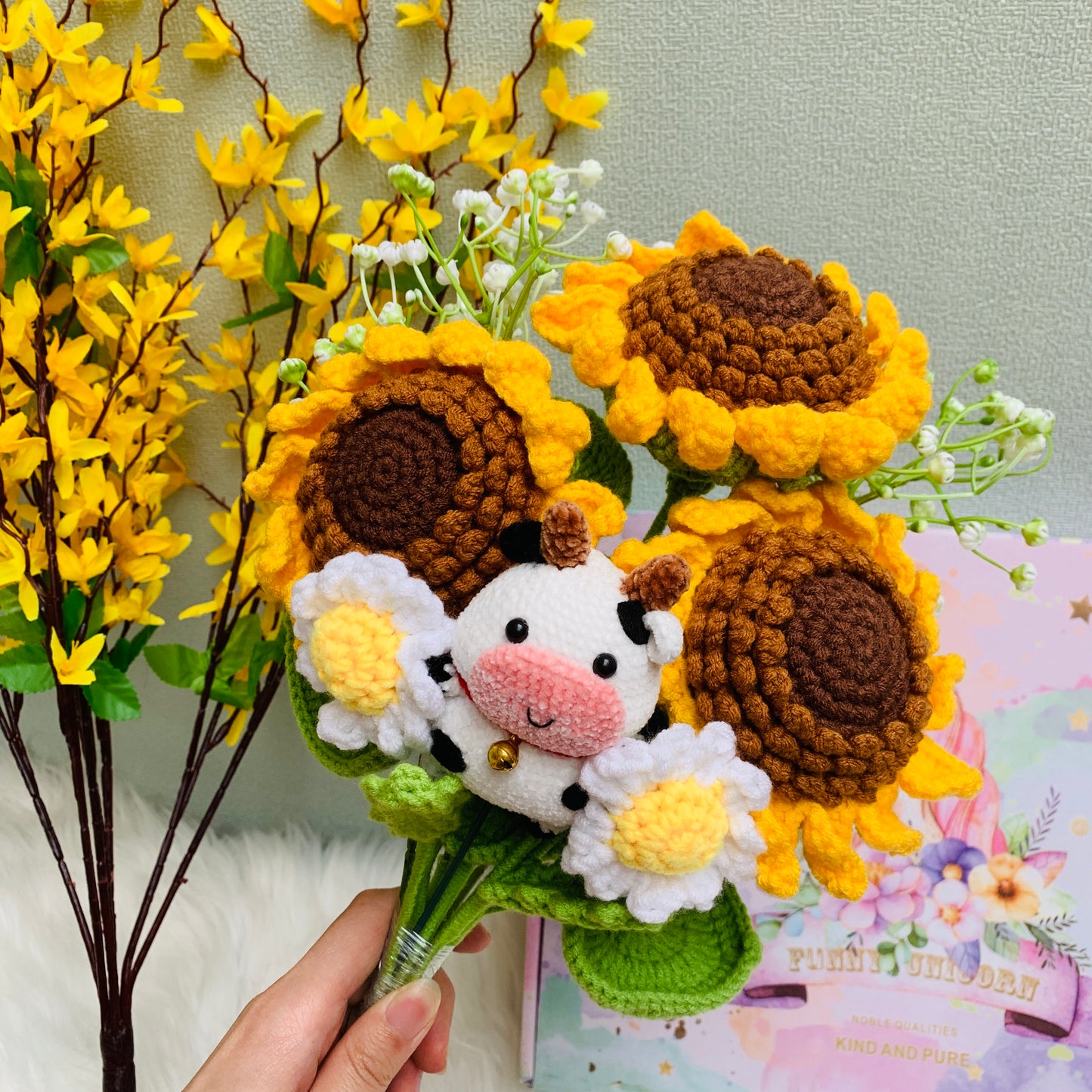 Crochet flowers, sunflower cow ornaments, cute A bunch of flower Anniversary bouquet Gift for her flower ornaments