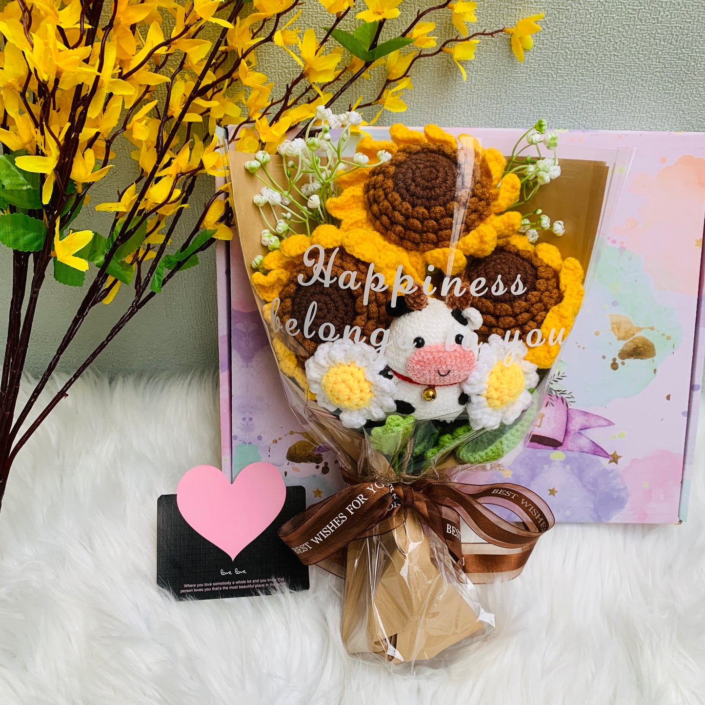 Crochet flowers, sunflower cow ornaments, cute A bunch of flower Anniversary bouquet Gift for her flower ornaments