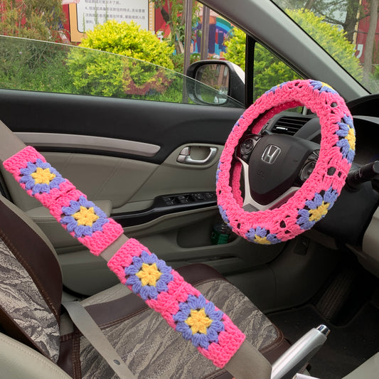 Steering Wheel Cover for women, Crochet cute Pink flower seat belt Cover, Car Accessories decorations