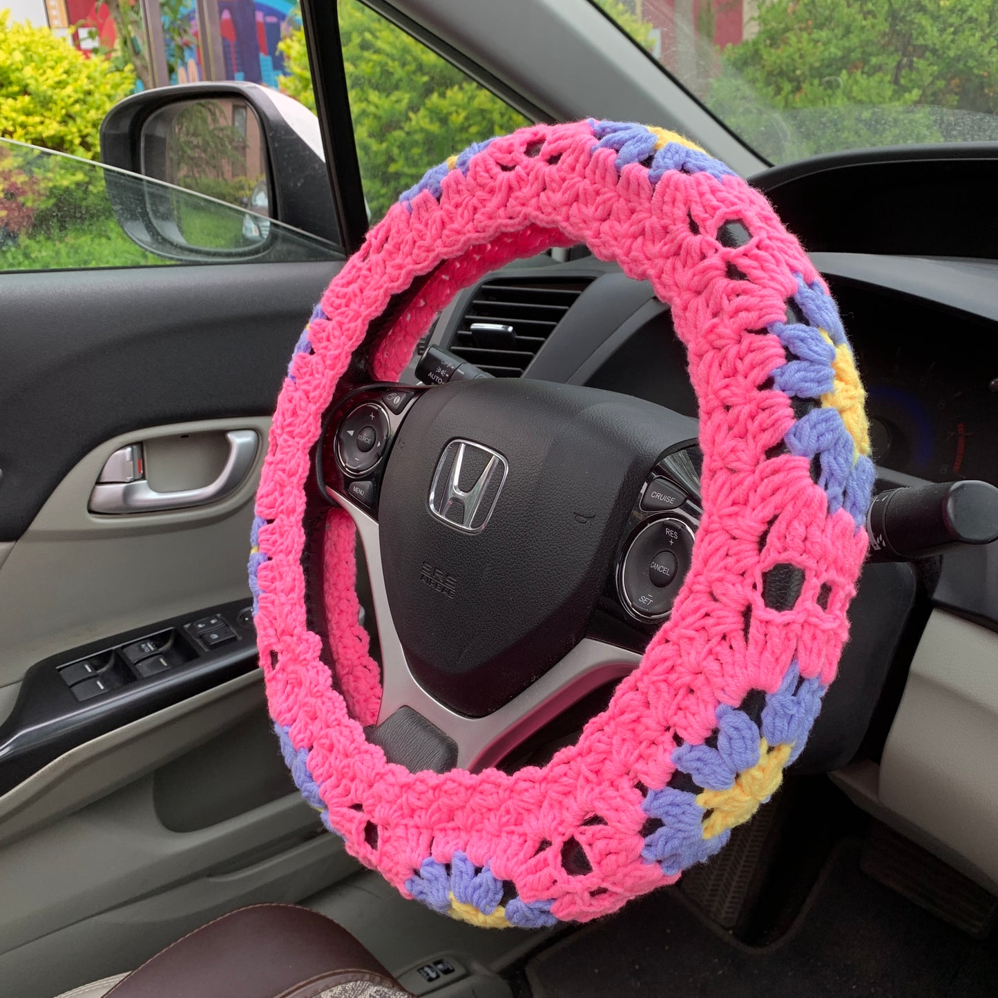 Steering Wheel Cover for women, Crochet cute Pink flower seat belt Cover, Car Accessories decorations