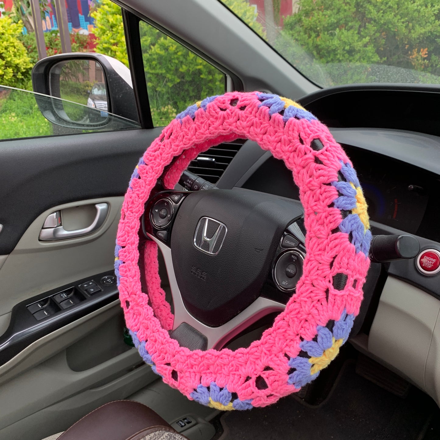 Steering Wheel Cover for women, Crochet cute Pink flower seat belt Cover, Car Accessories decorations