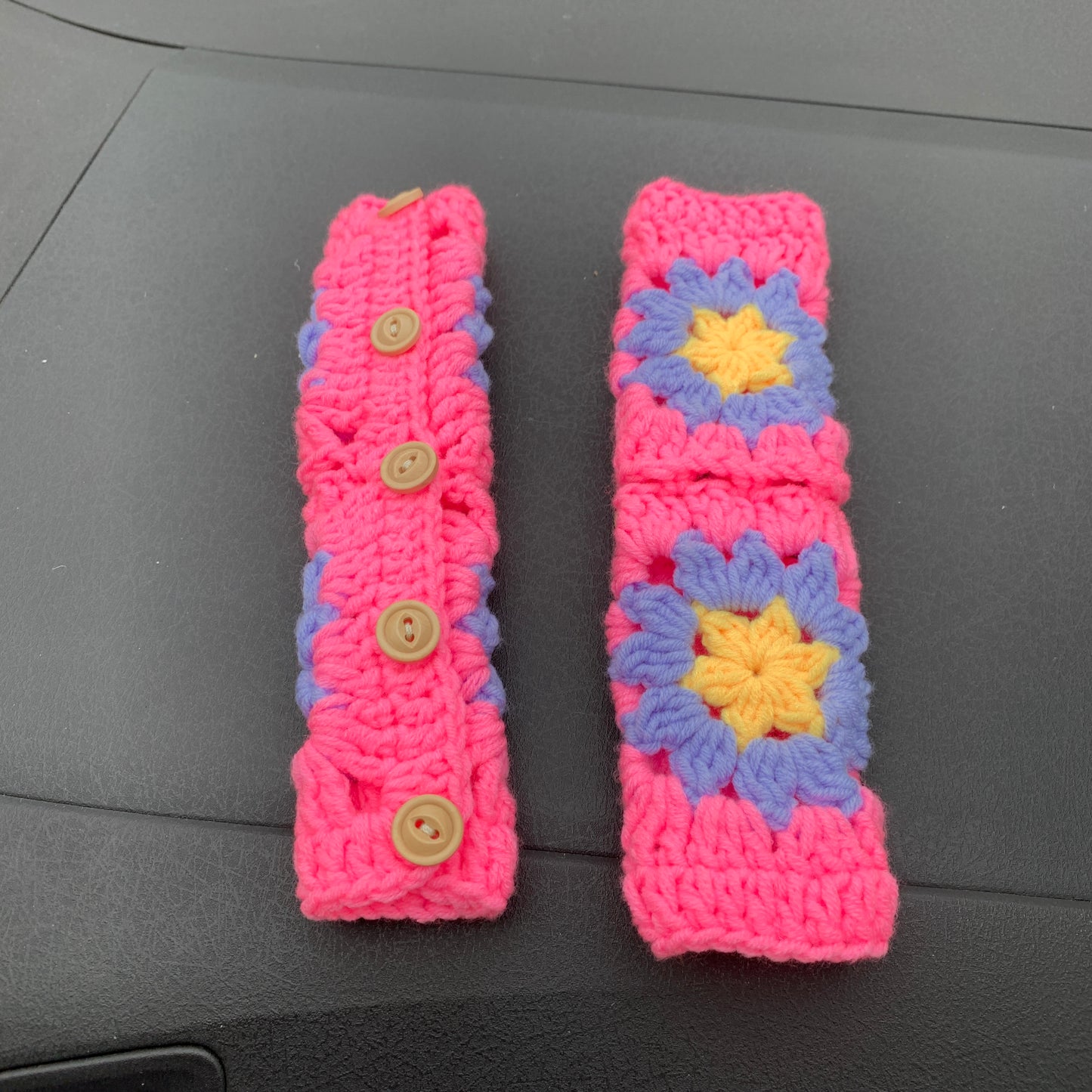 Steering Wheel Cover for women, Crochet cute Pink flower seat belt Cover, Car Accessories decorations