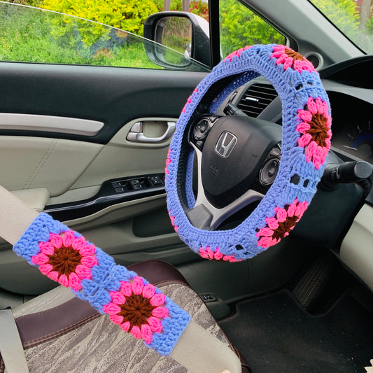 Steering Wheel Cover for women, Crochet flower seat belt Cover, Car Accessories decorations