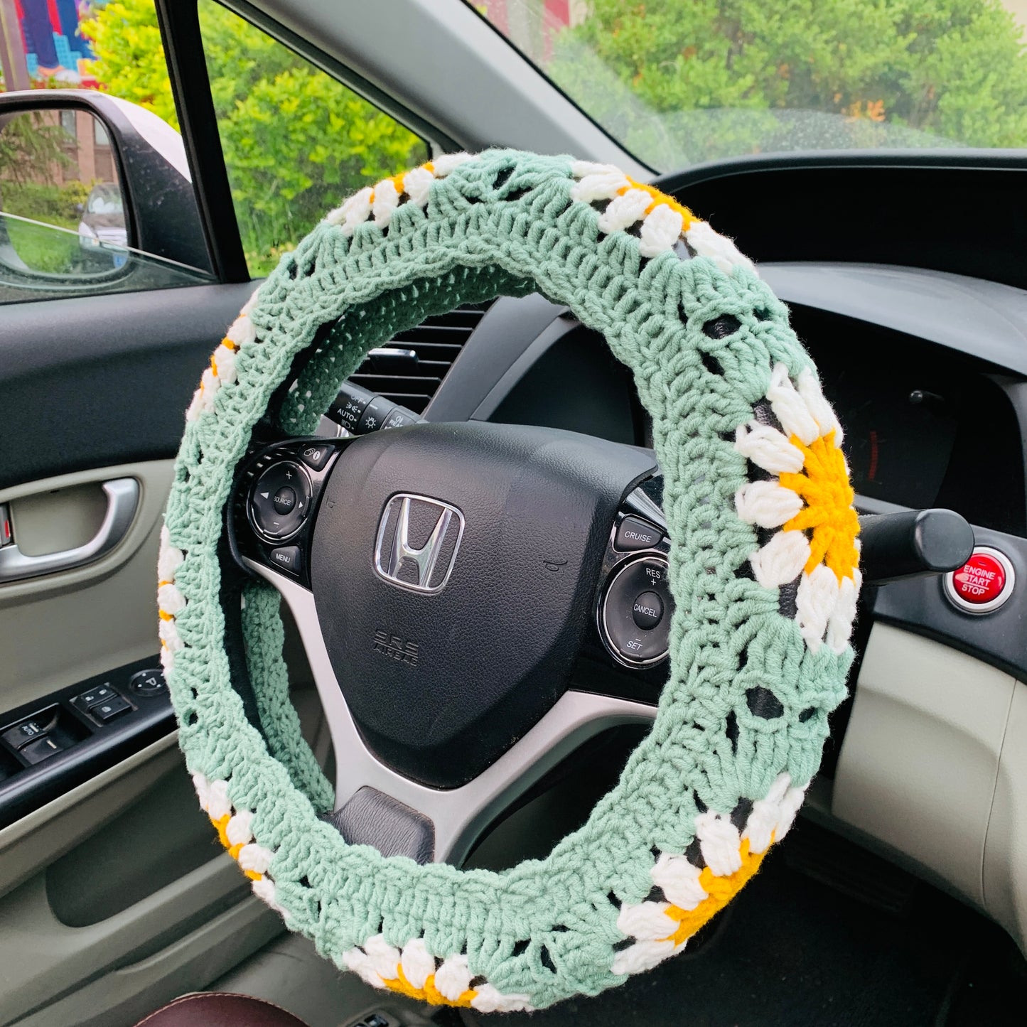 Steering Wheel Cover for women, Crochet cute sunflower seat belt Cover, Car interior Accessories decorations