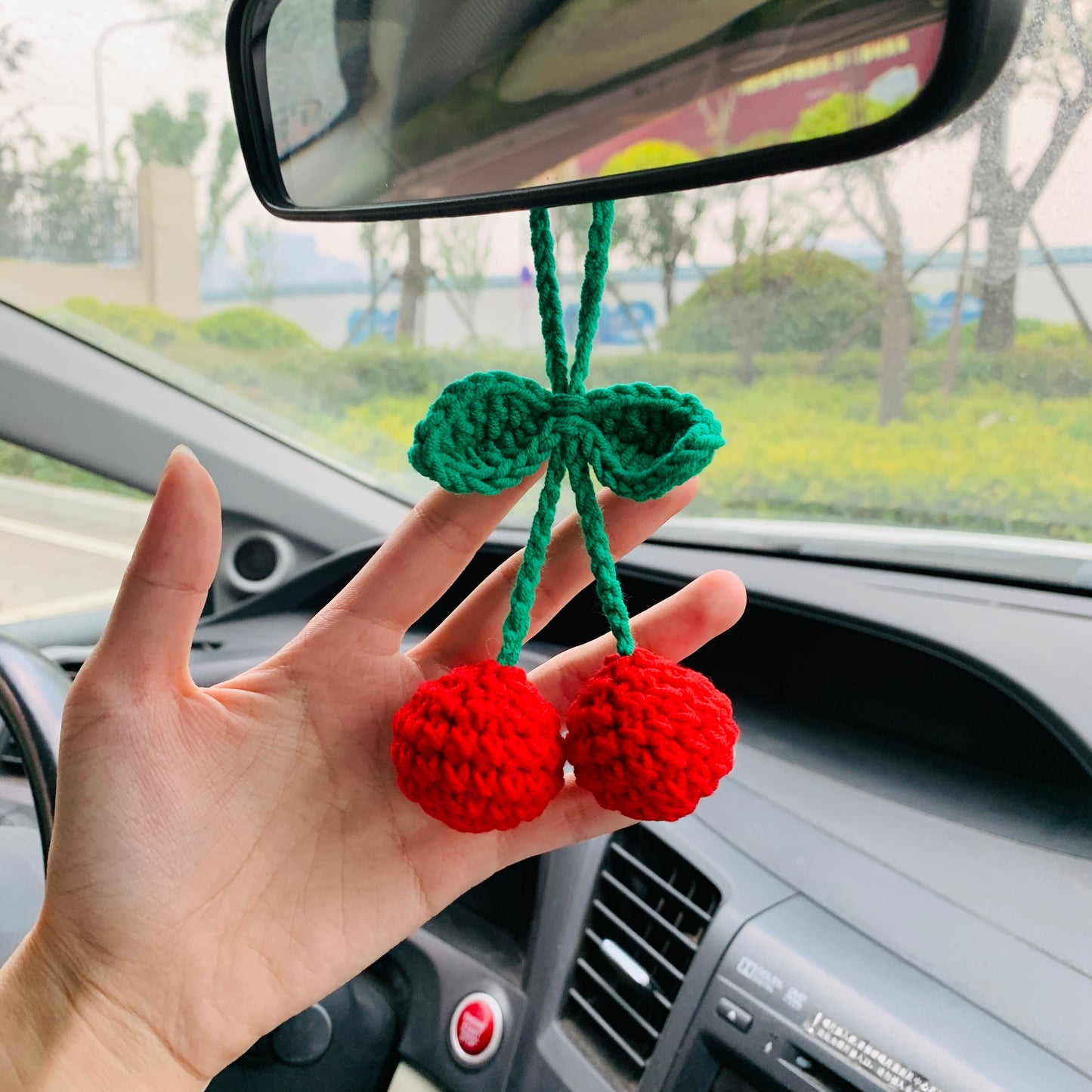 Cute Car Mirror Hanging bracketplant chlorophytum comosum with flower Interior Rear View Mirror Flower Car Accessories Crochet gift for car