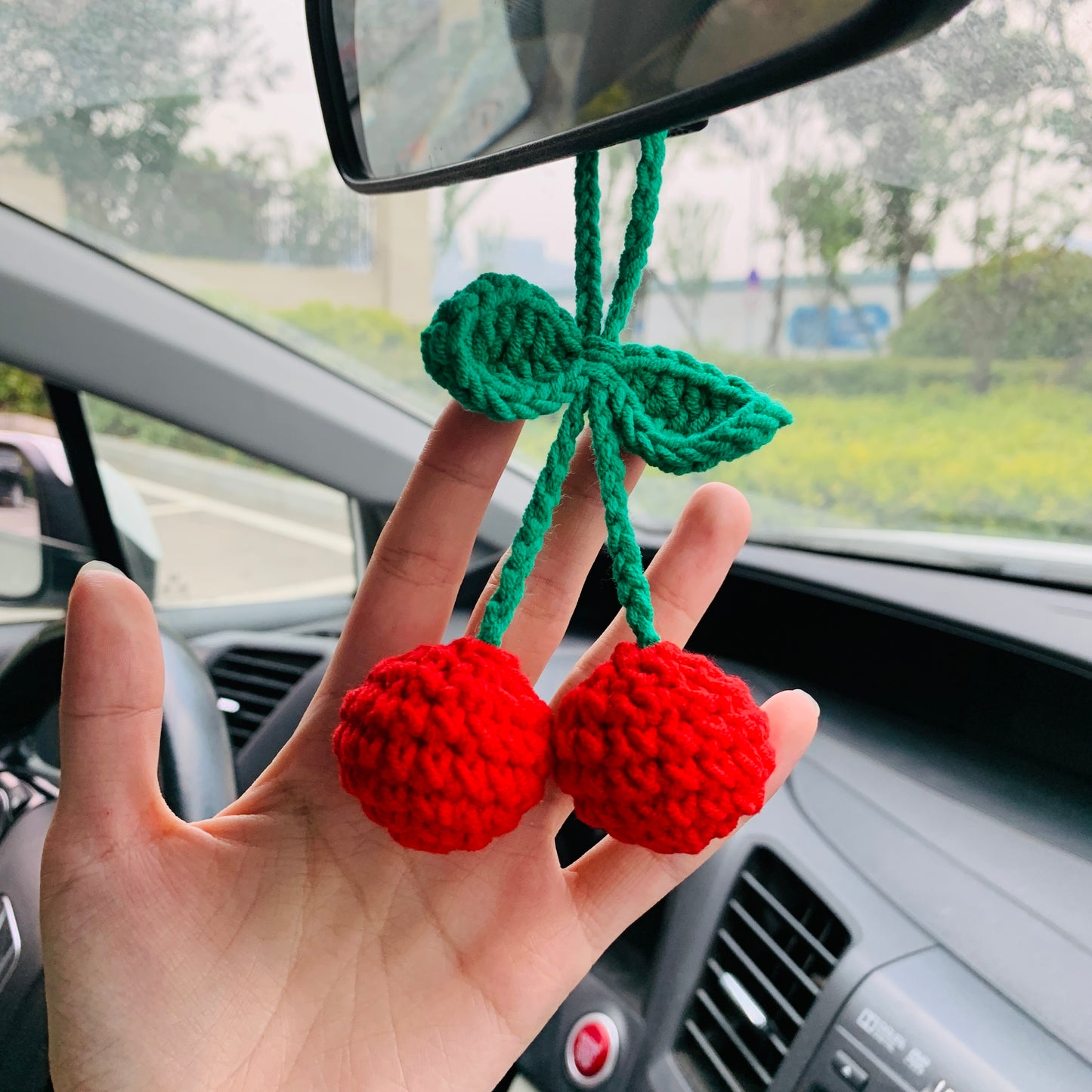 Cute Car Mirror Hanging bracketplant chlorophytum comosum with flower Interior Rear View Mirror Flower Car Accessories Crochet gift for car