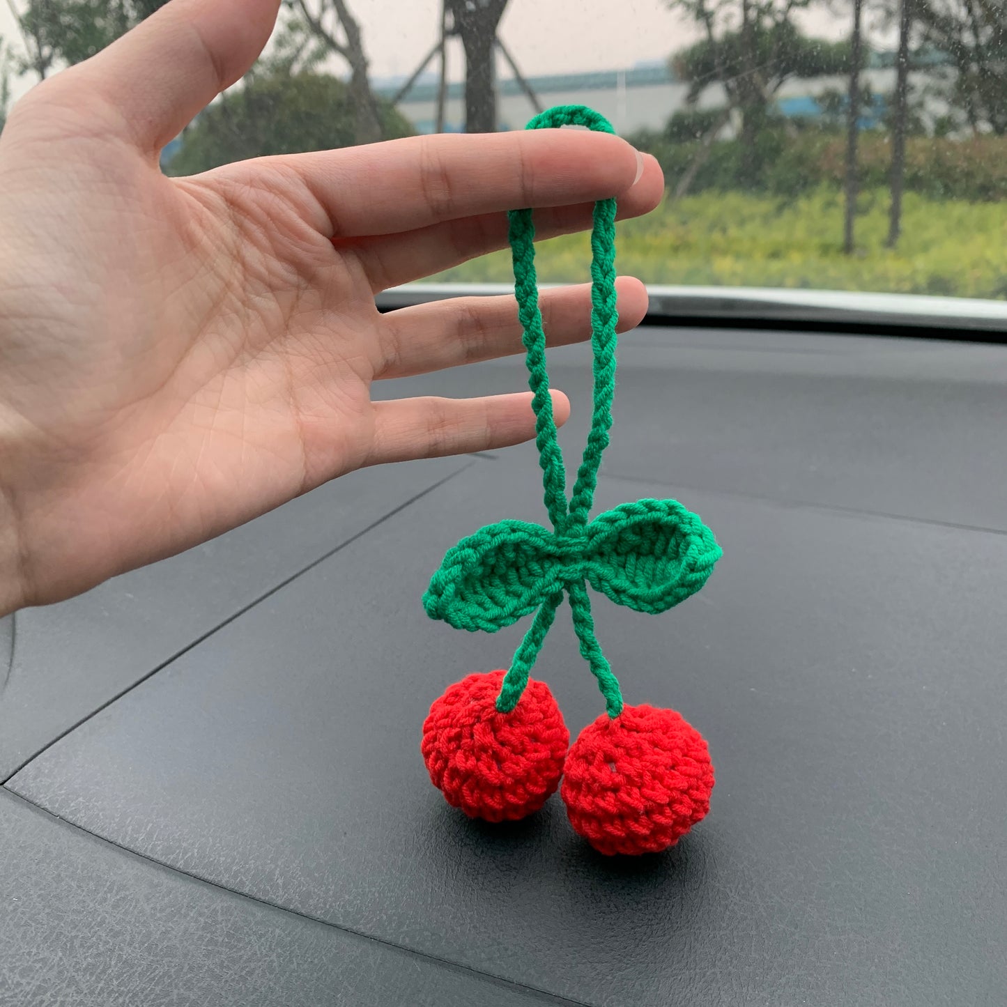 Cute Car Mirror Hanging bracketplant chlorophytum comosum with flower Interior Rear View Mirror Flower Car Accessories Crochet gift for car