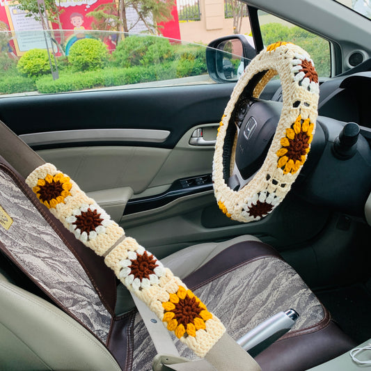 Steering Wheel Cover for women, Crochet cute daisy flower seat belt Cover, kawaii handmade Car interior Accessories decorations