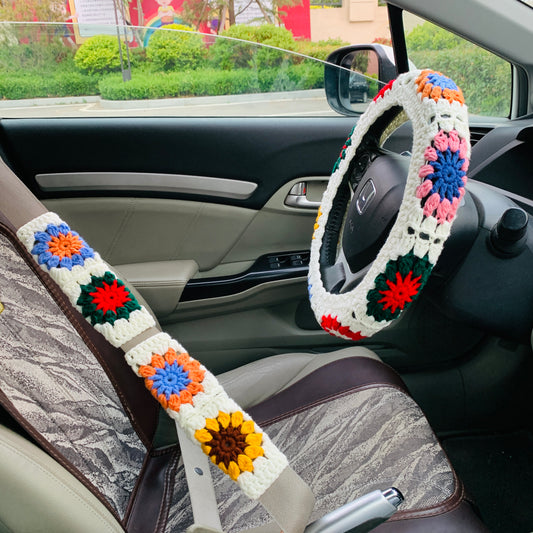 Steering Wheel Cover for women, Handmade Crochet cute daisy flower seat belt Cover, kawaii Car interior Accessories decorations