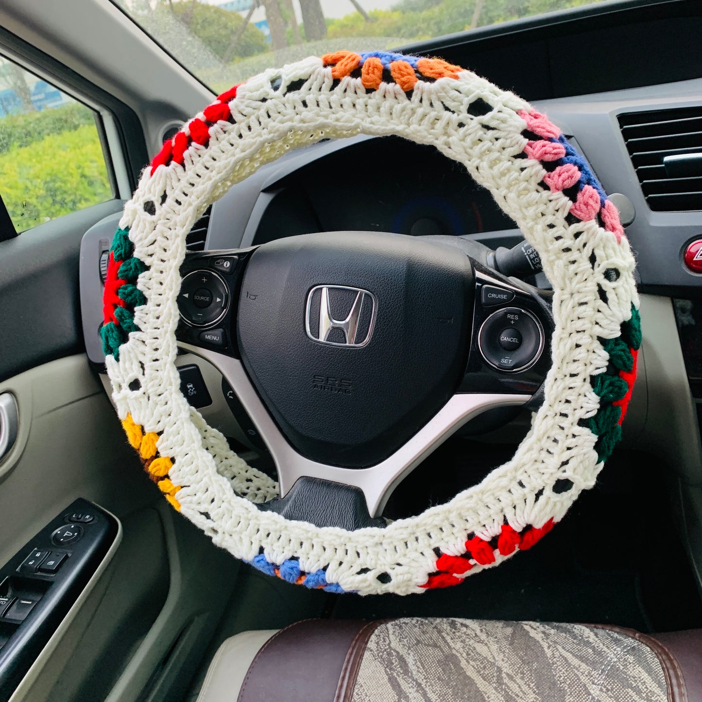 Steering Wheel Cover for women, Handmade Crochet cute daisy flower seat belt Cover, kawaii Car interior Accessories decorations