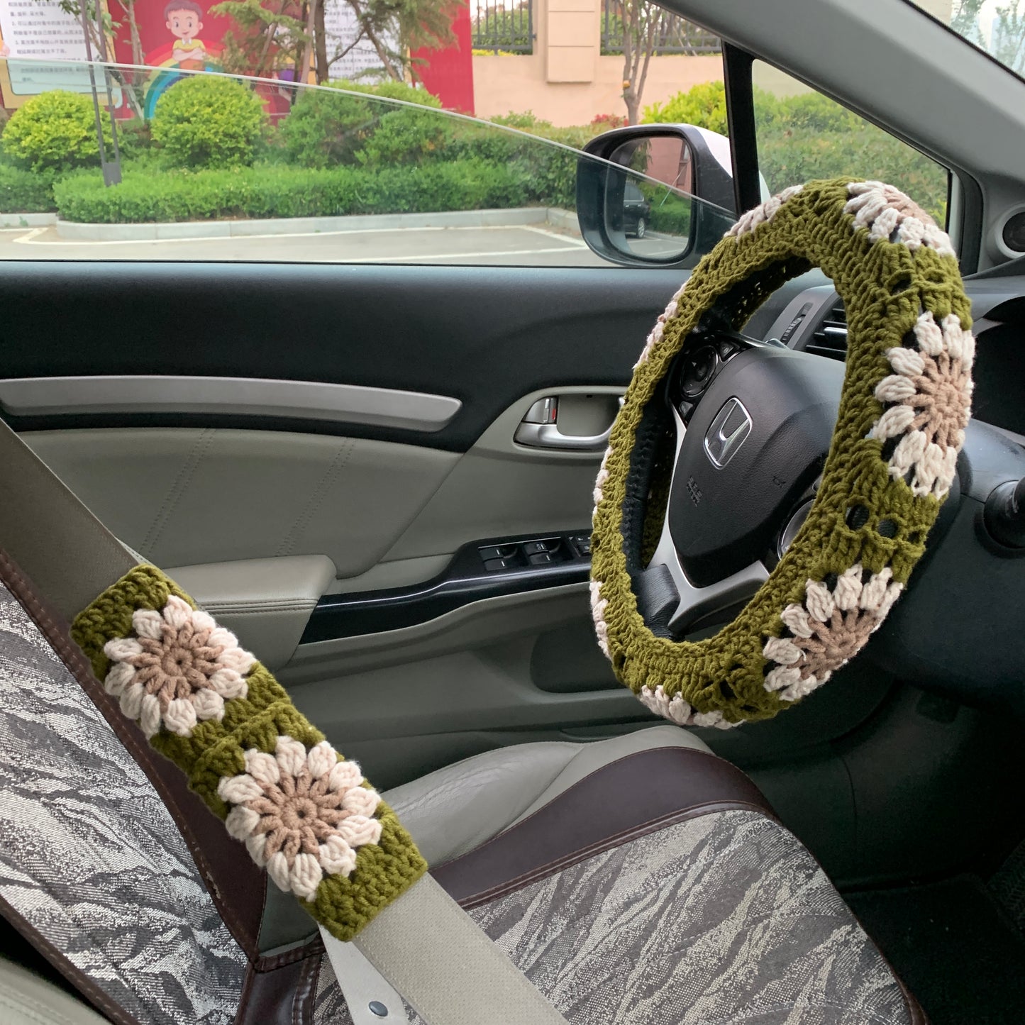 Handmade Steering Wheel Cover for women, Crochet flower seat belt Cover, Car interior Accessories decorations