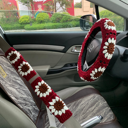 Steering Wheel Cover for women, Handmade Crochet cute daisy flower seat belt Cover, Car interior Accessories decorations