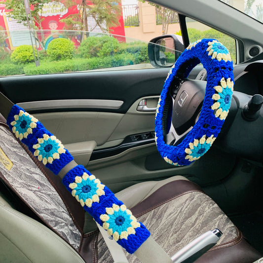 Steering Wheel Cover for women, Handmade Crochet cute daisy flower seat belt Cover, kawaii Car interior Accessories decorations