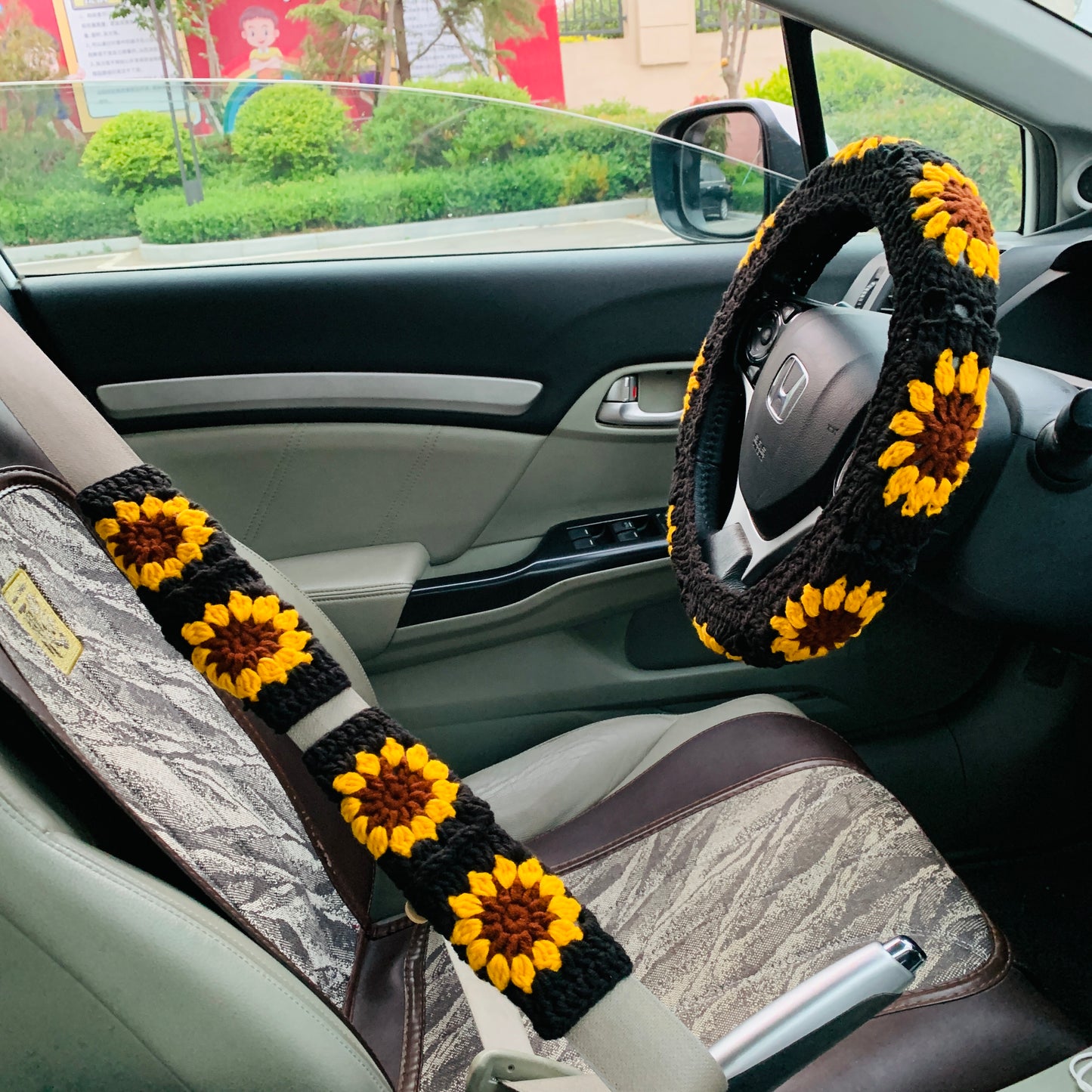 Crochet Steer Wheel Cover for women, sunflower seat belt Cover, Car Accessories decorations