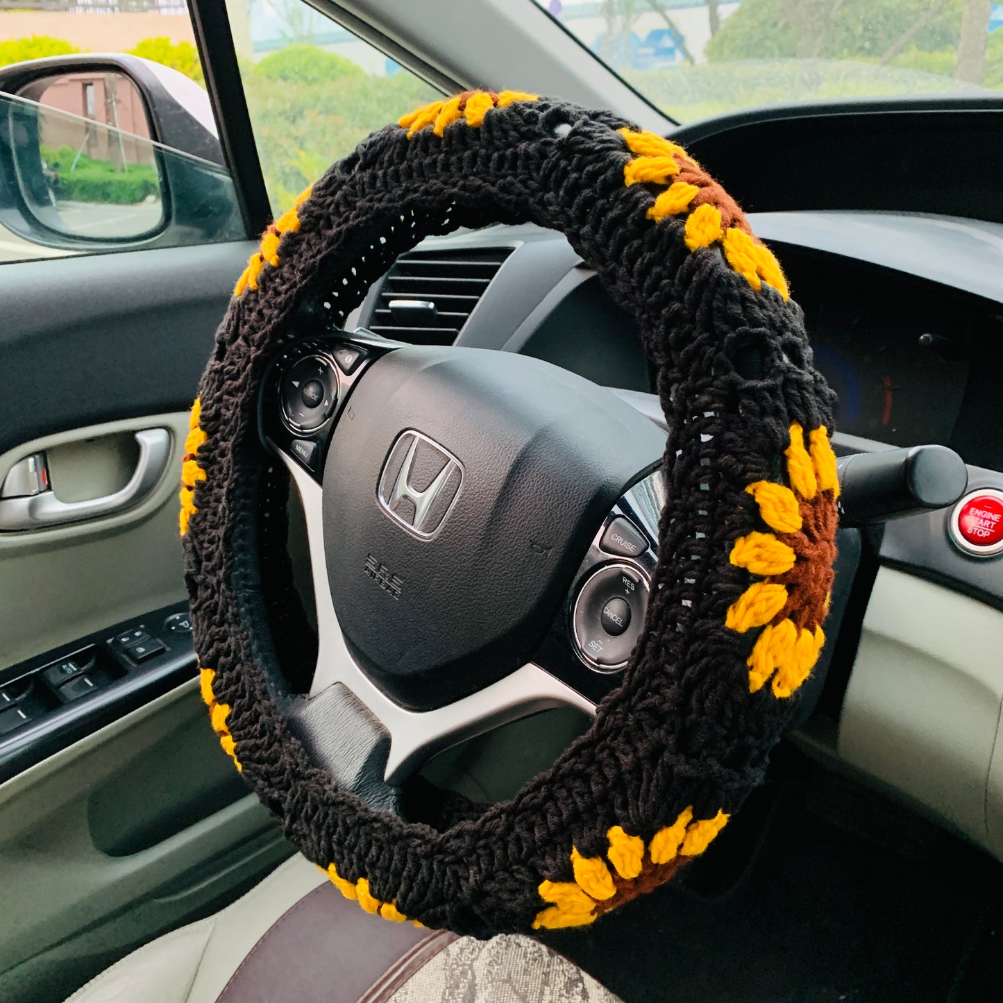 Crochet Steer Wheel Cover for women, sunflower seat belt Cover, Car Accessories decorations