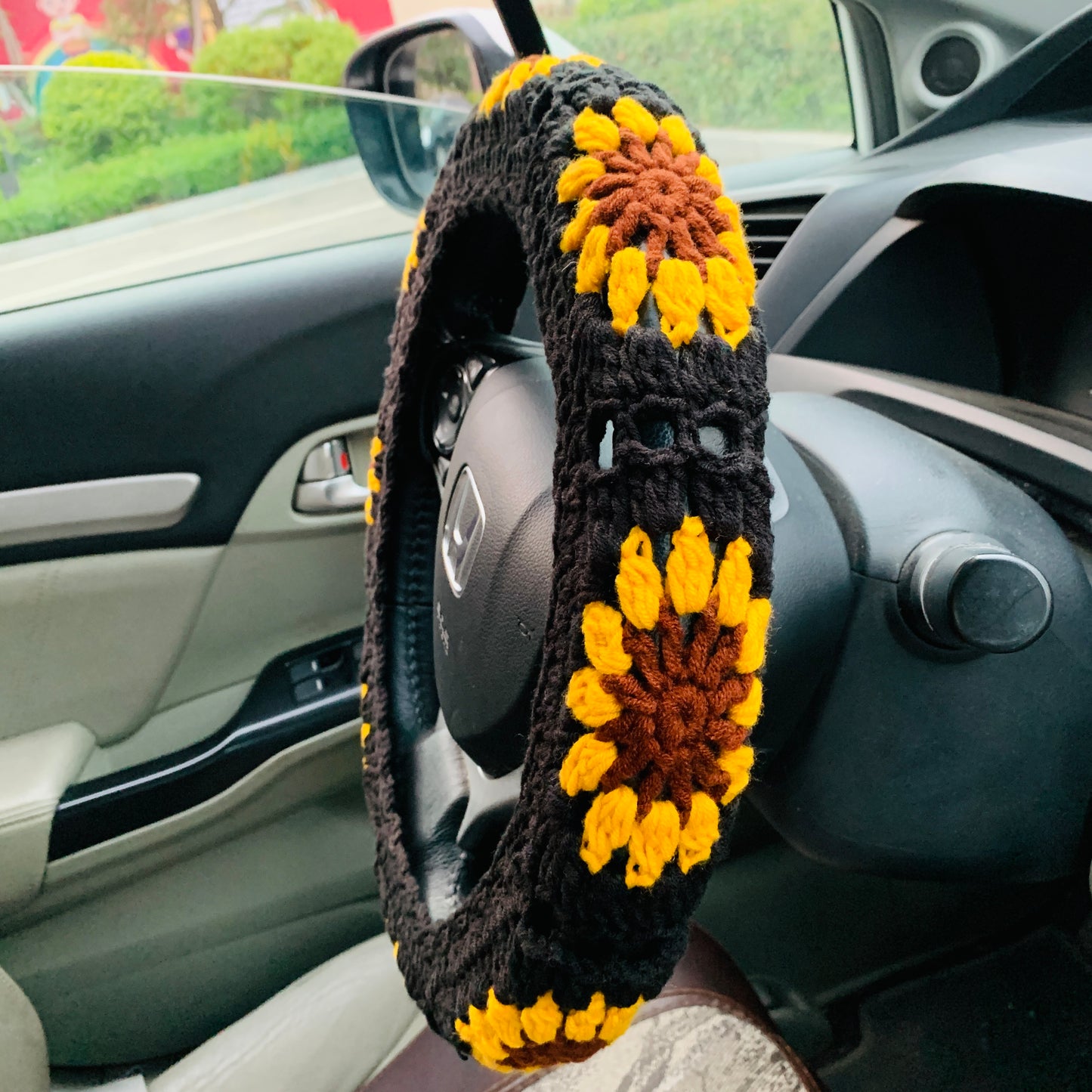 Crochet Steer Wheel Cover for women, sunflower seat belt Cover, Car Accessories decorations