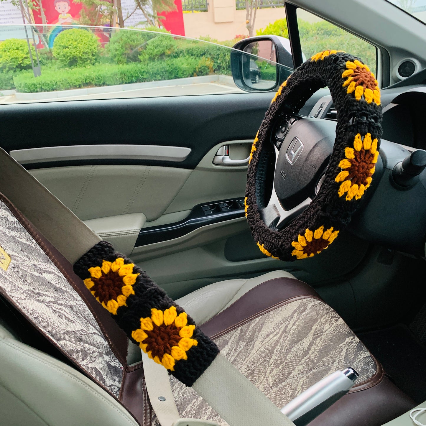 Crochet Steer Wheel Cover for women, sunflower seat belt Cover, Car Accessories decorations