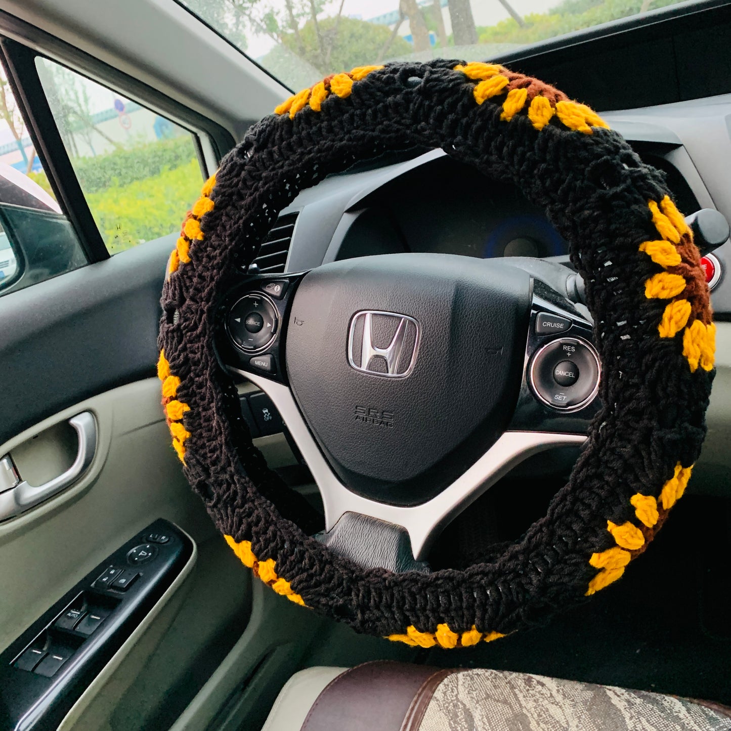 Crochet Steer Wheel Cover for women, sunflower seat belt Cover, Car Accessories decorations