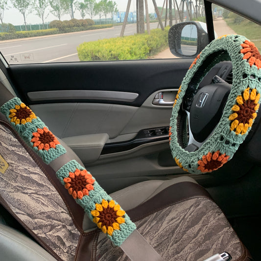 Handmade Steering Wheel Cover for women, cute crochet daisy flower seat belt Cover, Car interior Accessories decorations