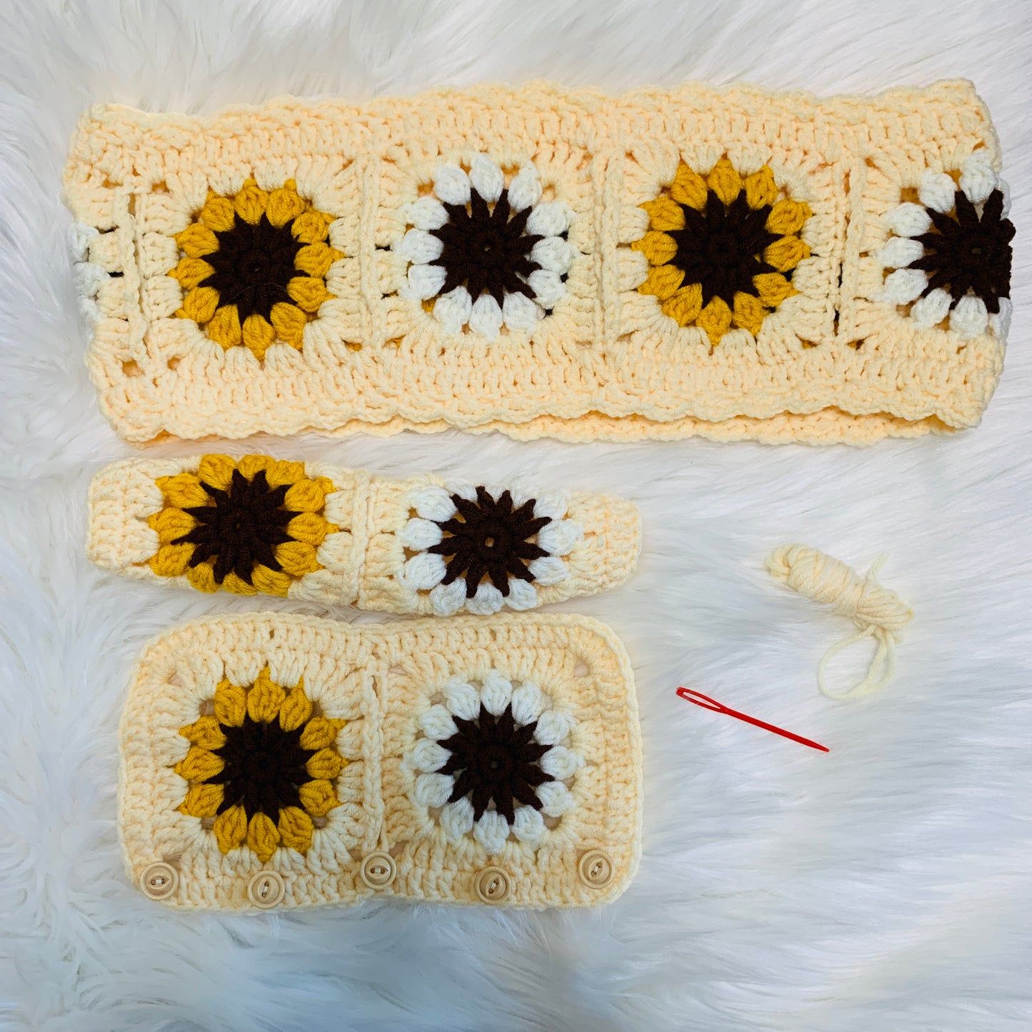 Steering Wheel Cover for women, Crochet cute daisy flower seat belt Cover, kawaii handmade Car interior Accessories decorations